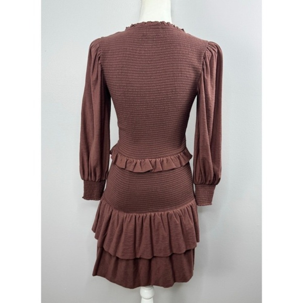 Nation LTD Abby Smocked Mini Dress Small Mauve Ruffle Long Sleeve Boho Romantic - Picture 8 of 13